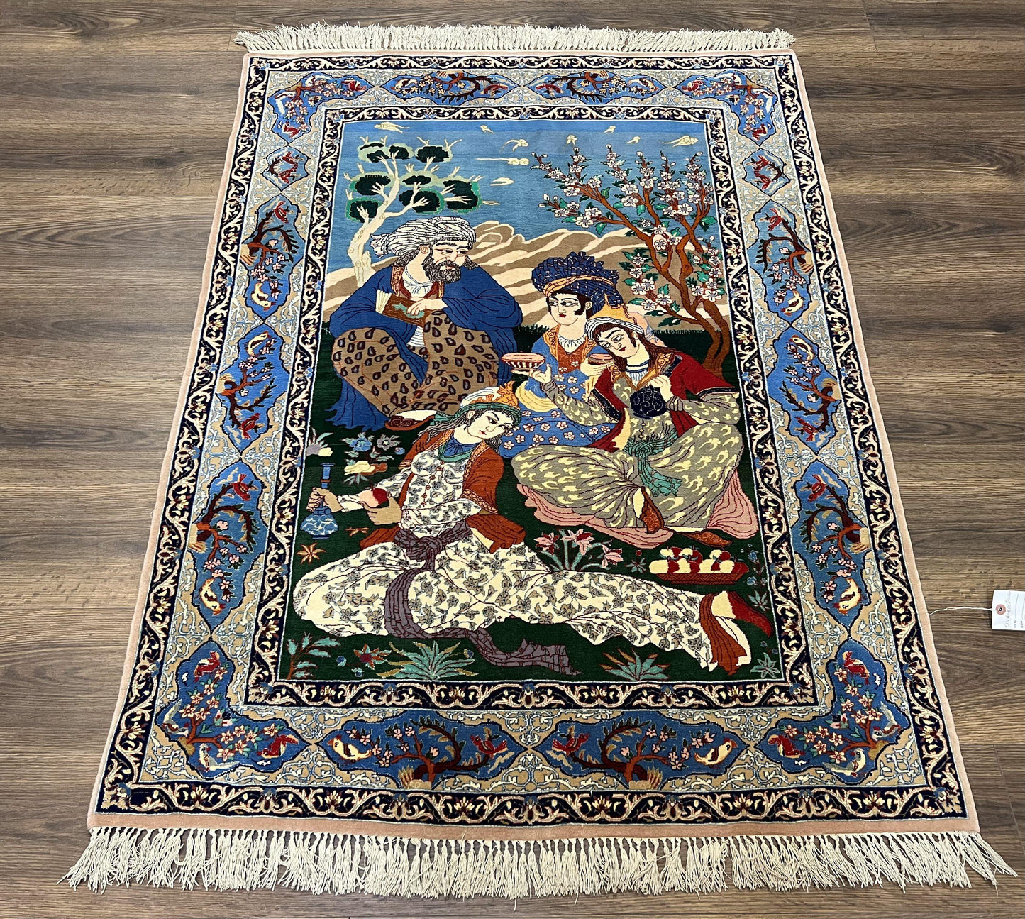 Fine Persian Isfahan Pictorial Rug 3.7 x 5, Kork Wool on Silk Foundation, Blue Persian Carpet, Hand Knotted, Humans Birds, High KPSI, Semi Antique
