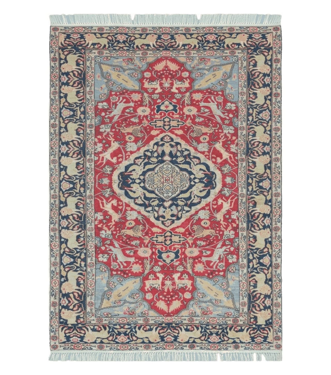 Antique Silk Turkish Kayseri Rug 4.5 x 6.7, Animal Pictorials Lions Deer Floral Medallion, Red Light Blue Navy, Hand Knotted Oriental Carpet