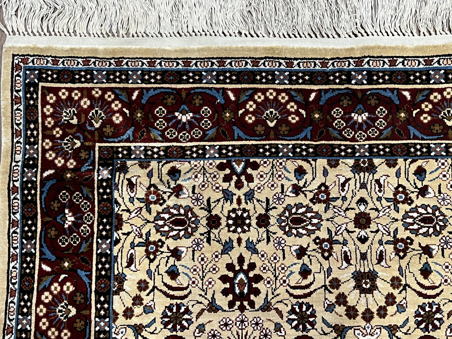 Fine Sino-Persian Silk Rug 3x5, High Quality Silk Carpet, Handmade Small Silk Rug, Allover Repeated Motif, Tan Maroon Blue Vintage Silk Rug