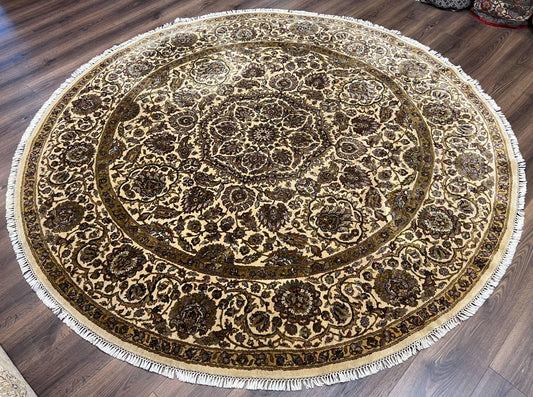 Round Indo Persian Rug 8x8 ft, Large Hand Knotted Vintage Wool Circular Carpet, 8ft Round Oriental Rug, Floral Medallion, Cream and Green