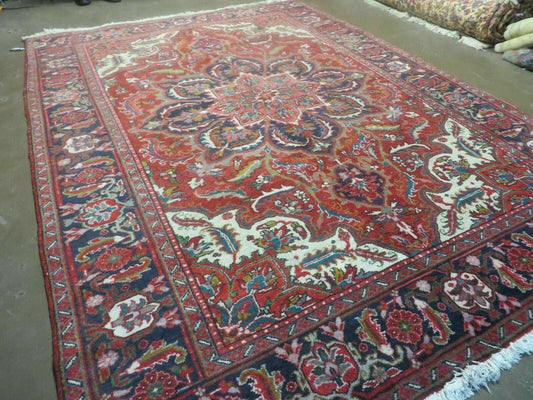 Persian Heriz Rug 7.5 x 10, Room Sized Heriz Ahar Carpet, Semi Antique Vintage Floral Large Medallion Rug, Red and Navy Blue, Hand Knotted Wool Rug