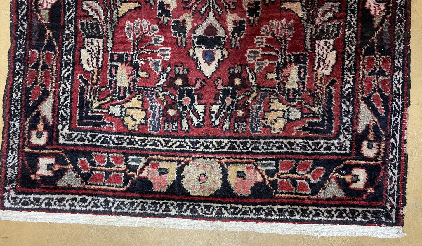 Antique Persian Hamadan Runner Rug 3.4 x 9, Red, Handmade Wool Runner