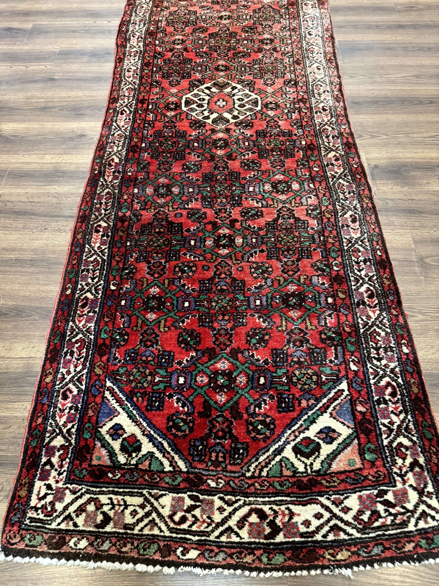 Persian Runner Rug 3x10, Wool Hand Knotted Hallway Rug 3 x 10 ft, Red and Ivory, Hamadan Angelas Runner