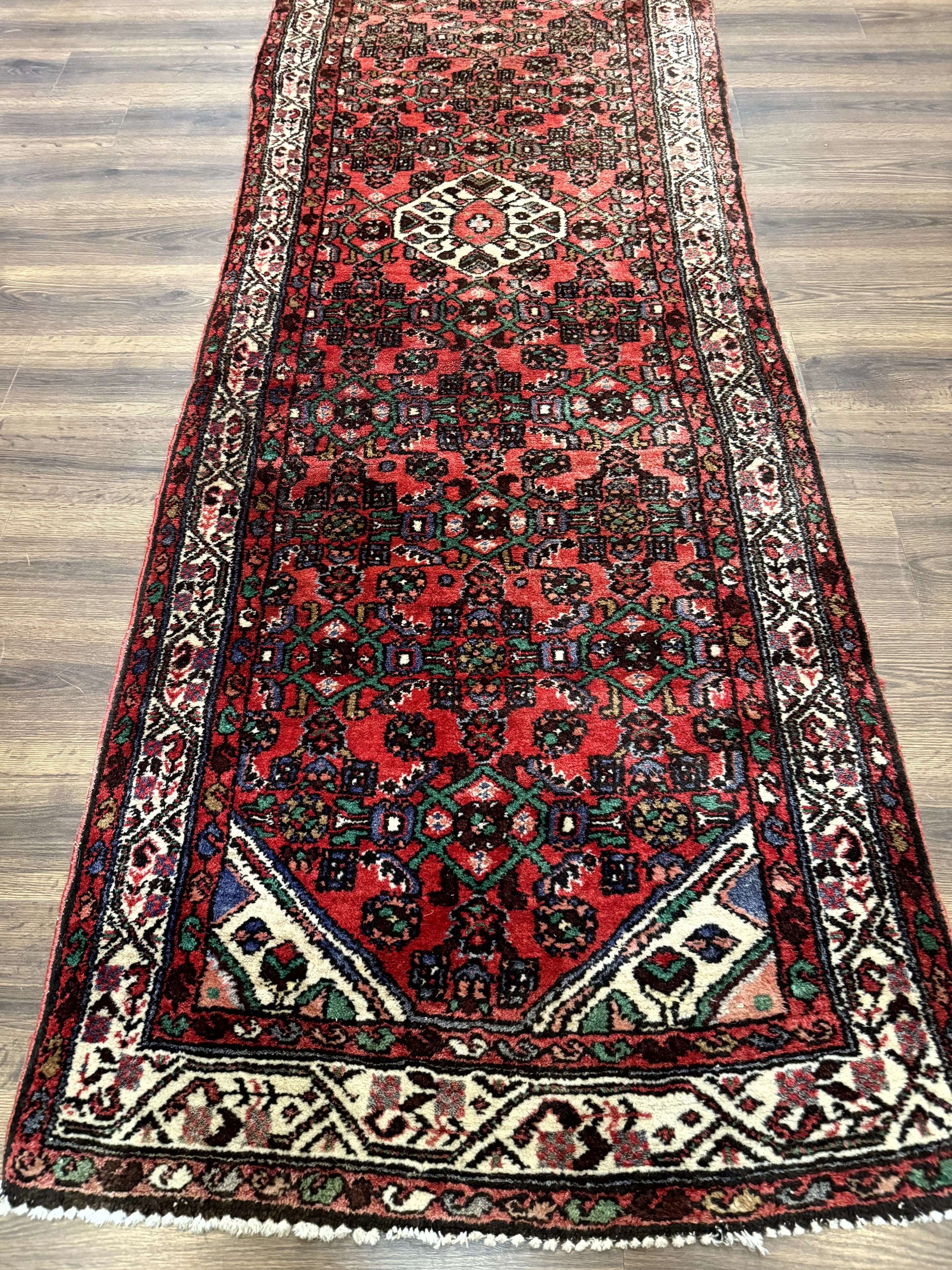 Persian Runner Rug 3x10, Wool Hand Knotted Hallway Rug 3 x 10 ft, Red and Ivory, Hamadan Angelas Runner