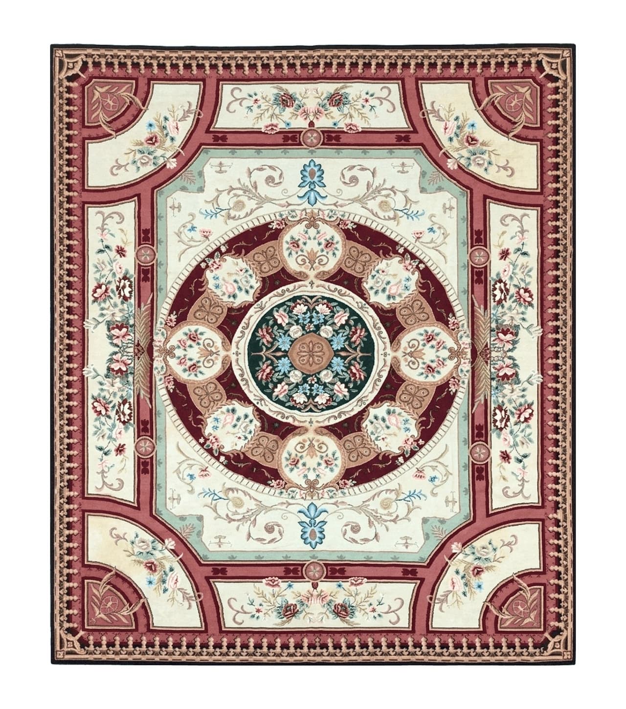 Needlepoint Rug 7.9 x 9, Beige Maroon Rose, Handmade Handwoven Flatweave Aubusson Savonnerie French European Elegant Carpet, Wool Rug