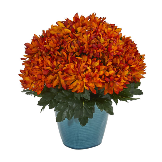Spider Mum Artificial Plant in Teal Planter