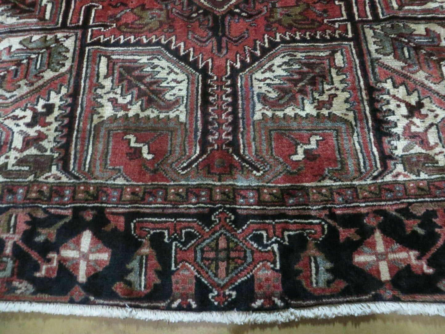 Persian Heriz Rug 8x12 Semi Antique Heriz Carpet, Room Sized Persian Carpet, Geometric Medallion, Wool, Hand Knotted, Red Ivory Dark Blue