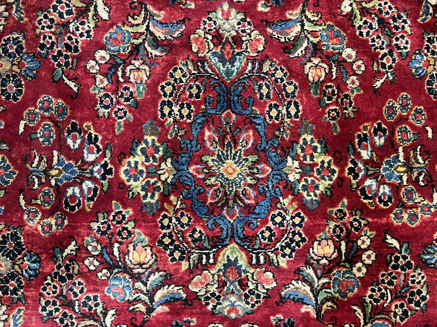 Persian Sarouk Rug 5x6, Hand Knotted Antique 1920s Sarouk, Red Navy Blue