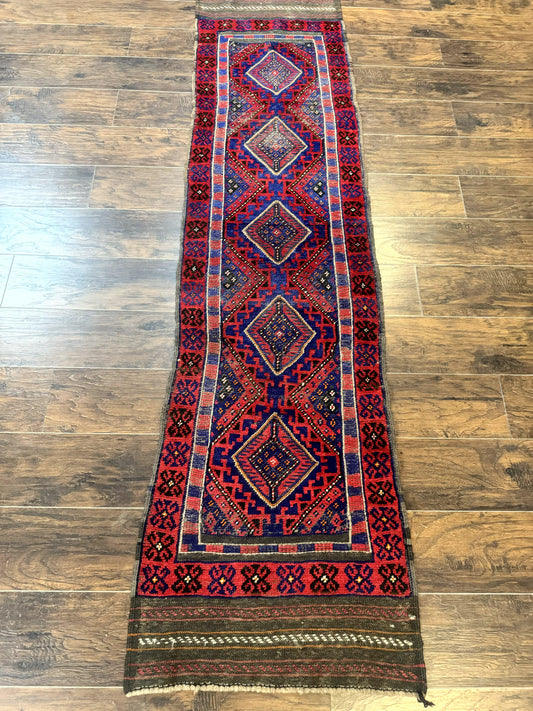 Turkoman Runner Rug 2 x 8.6, Skinny Runner, Handmade Wool Carpet for Hallway, Red and Blue, Wool, Vintage 8ft Runner