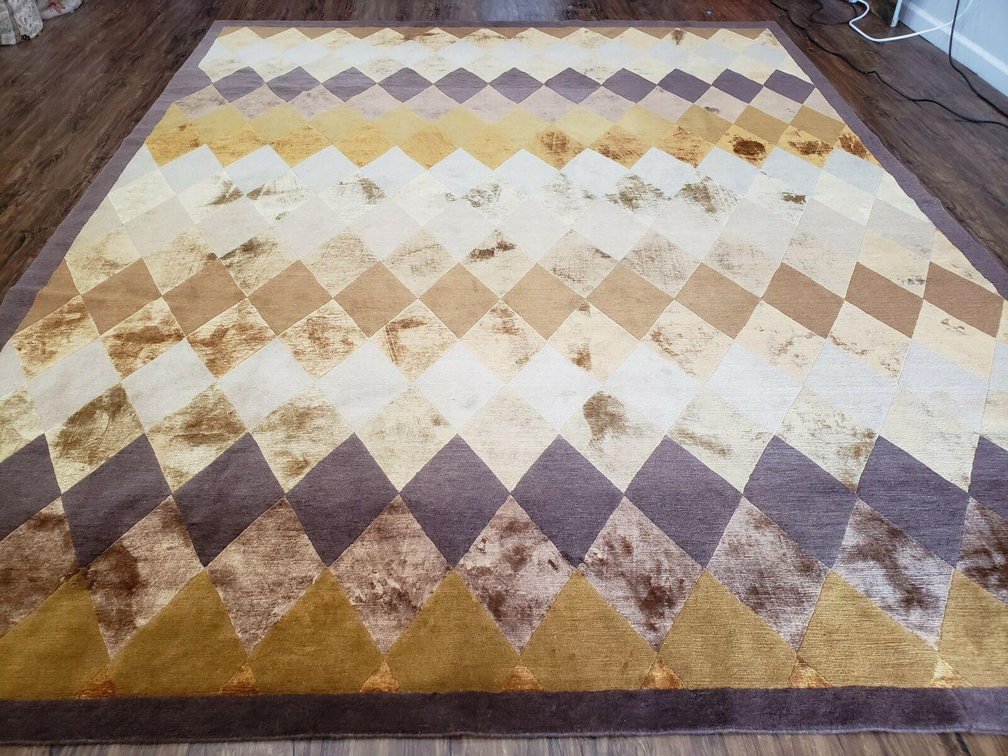 Modern Tibetan Rug 8.6 x 11, Wool and Silk, Multicolor, Diamond Panel Design