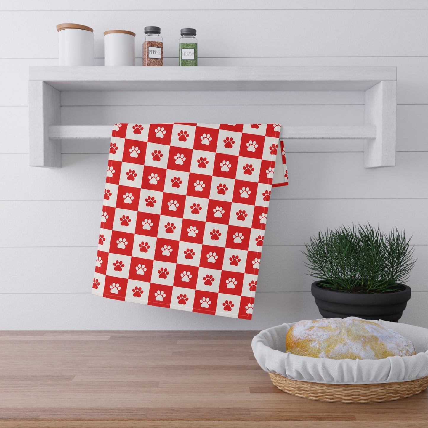Red Paw Print Checkered Tea Towel | Cute Pet Kitchen Towel