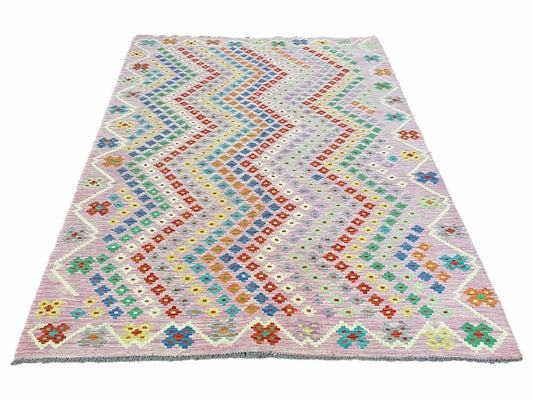 Pink Kilim Rug 6x8 Colorful Turkish Kilim Rug 6 x 8 Flat Weave Kilim Playful Kilim Multicolor Anatolian Chobi New Kilim