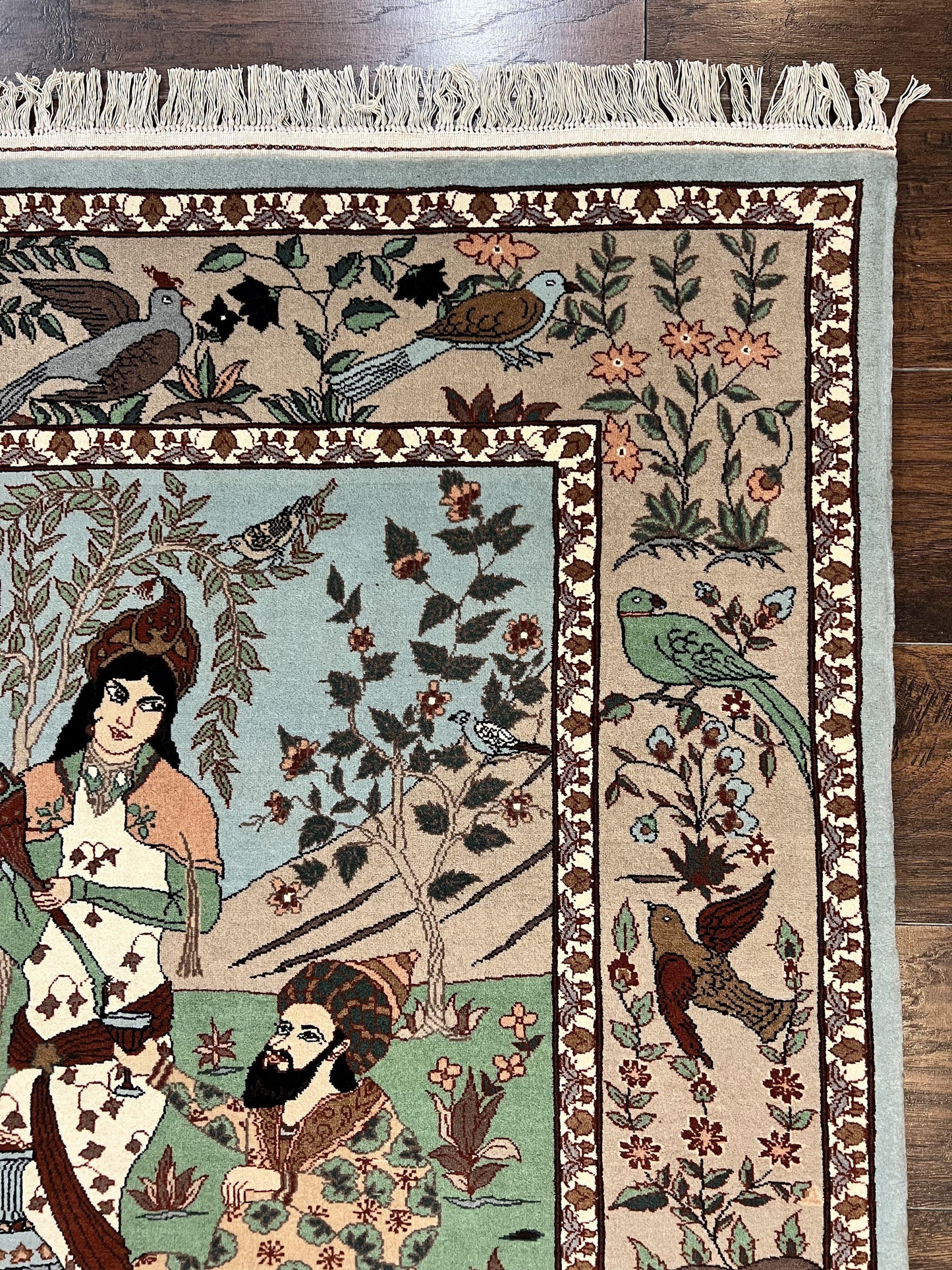 Indo Persian Pictorial Rug 4x7, Handmade Hand Knotted Wool Semi Antique Horizontal Carpet, Men & Women Drinking, Fine Rug, Bird Pictorials