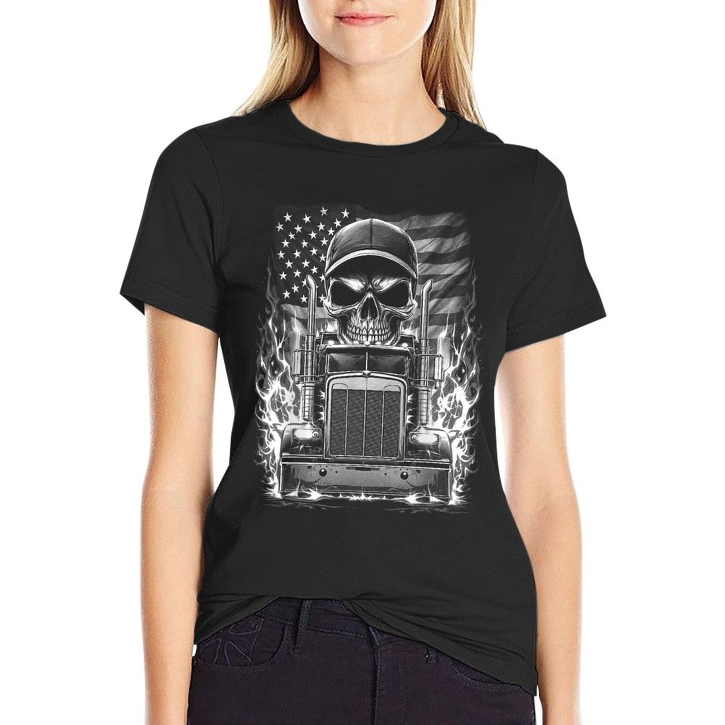 Trucker Patriotic American Flag Semi Truck Driver Skull T-Shirt