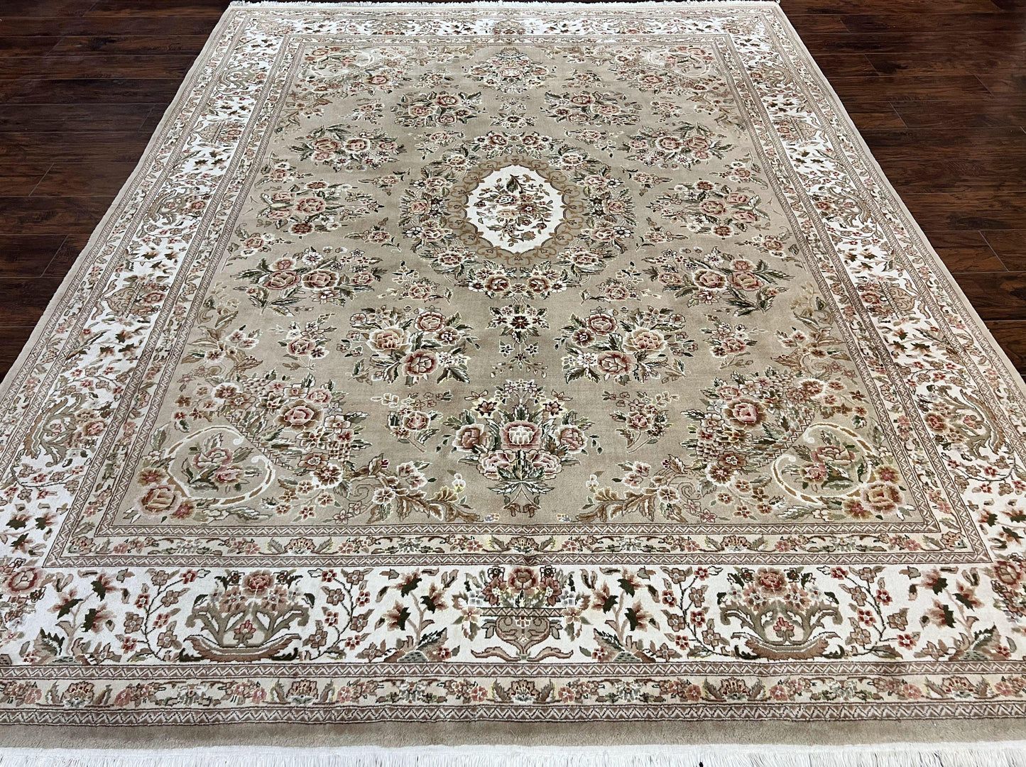 Sino Persian Rug 8x10, Soft Wool, Silk Highlights, Hand Knotted Vintage Carpet, Taupe & Ivory, Floral, Traditional Rug 8 x 10