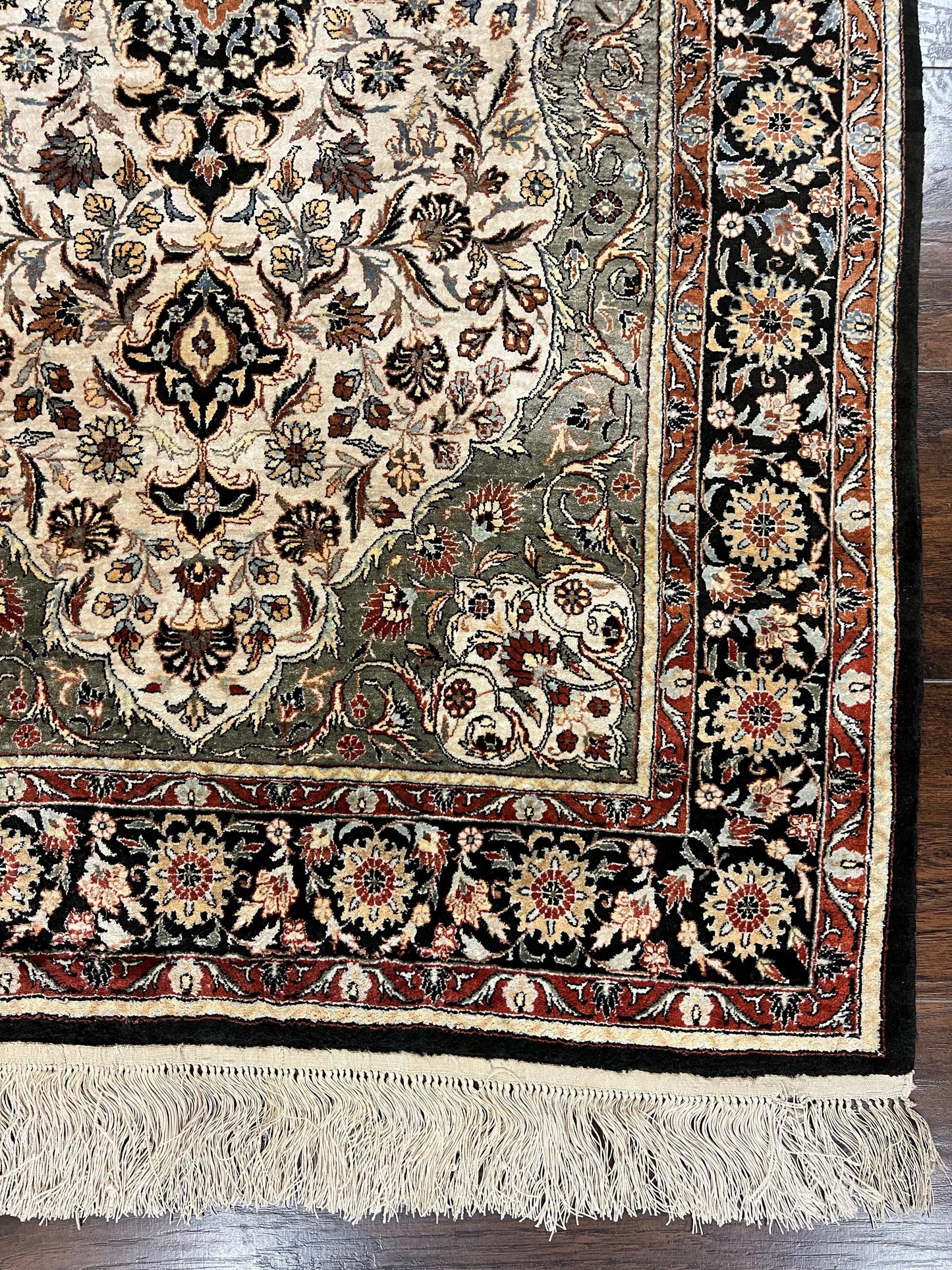 Silk Sino Persian Rug 3x5, Floral Medallion, Hand Knotted Silk Pile Silk Foundation, Traditional Silk Handmade Oriental Carpet, Cream Black