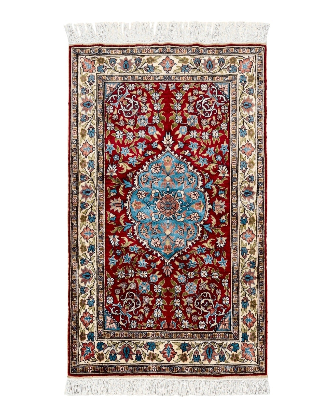 Silk Turkish Kayseri Rug 2x3, Small All Silk Turkish Carpet, Red and Light Blue, Very Fine Hand Knotted Semi Antique Vintage Handmade Rug