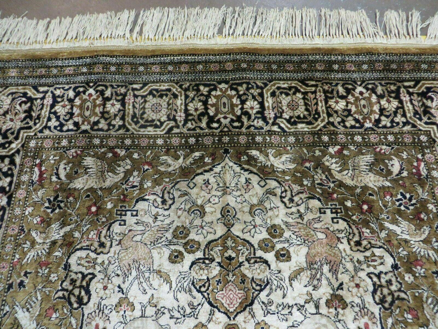 Handmade Silk Rug 3x5, Vintage Antique Silk Carpet, Hand-Knotted Oriental Rug 3 x 5, Animal Motifs, Deer Birds, One-Of-A-Kind