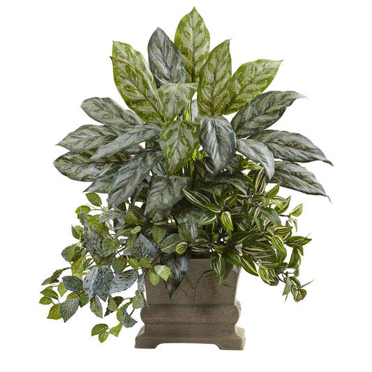 28" Mixed Silver Queen, Wandering Jew & Fittonia w/Planter