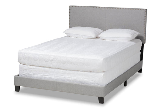 Baxton Studio Ramon Modern and Contemporary Grey Linen Fabric Upholstered Full Size Panel Bed with Nailhead Trim