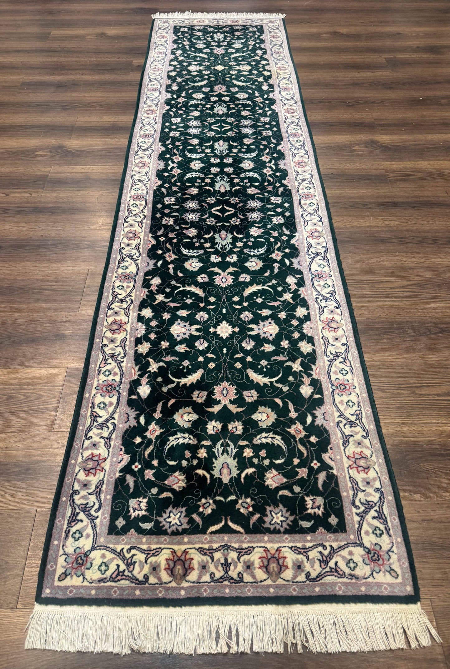 Pak Persian Runner Rug 2.6 x 10, Dark Green and Beige, Floral Allover