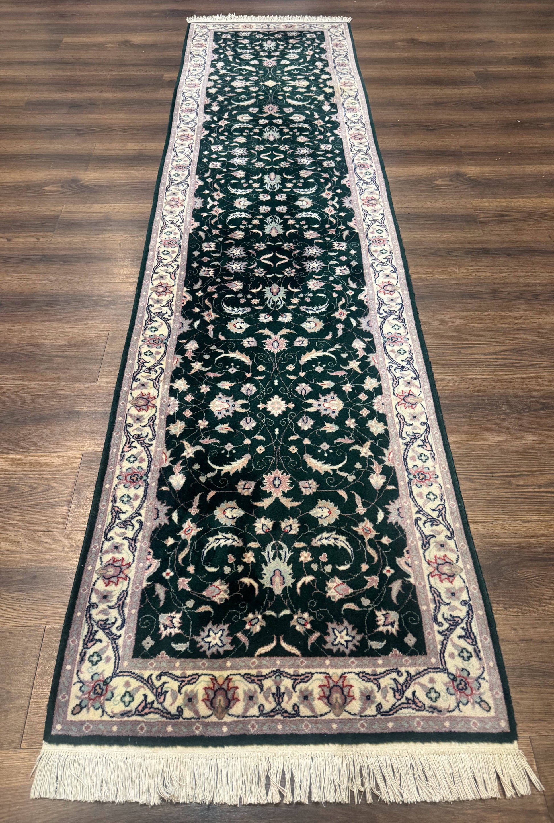 Pak Persian Runner Rug 2.6 x 10, Dark Green and Beige, Floral Allover