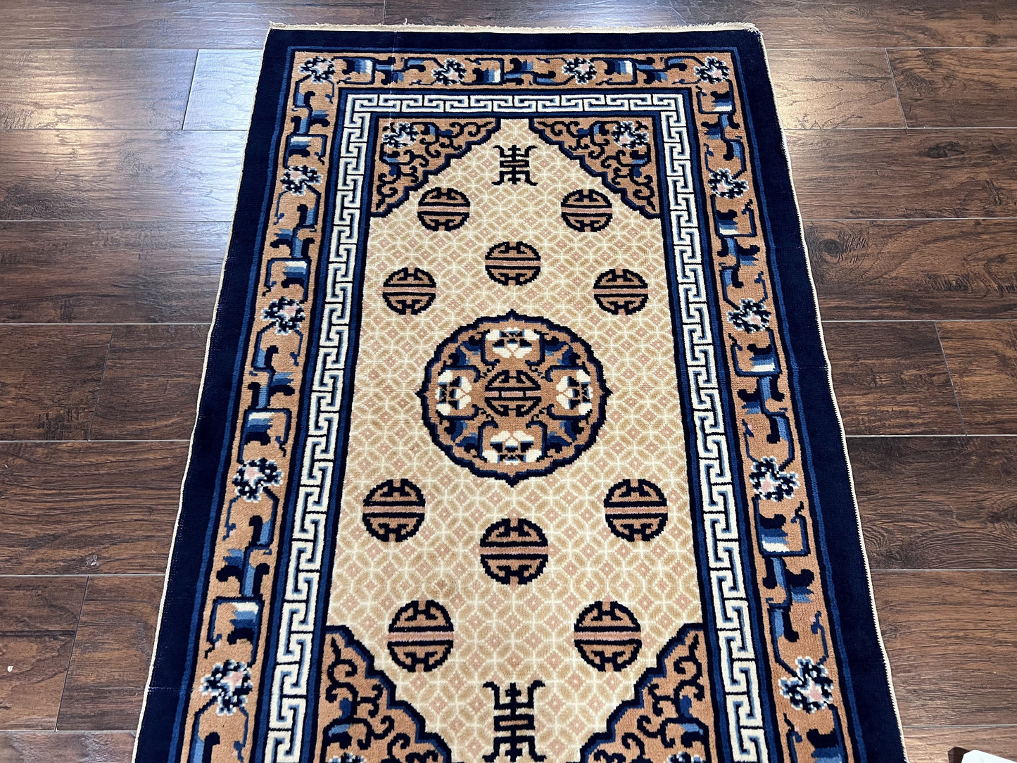 Chinese Peking Rug 3x5, Antique Chinese Art Deco Carpet, Blue Ivory Tan, Hand Knotted Wool Asian Oriental Rug 3 x 5 Vintage Small Peking Rug