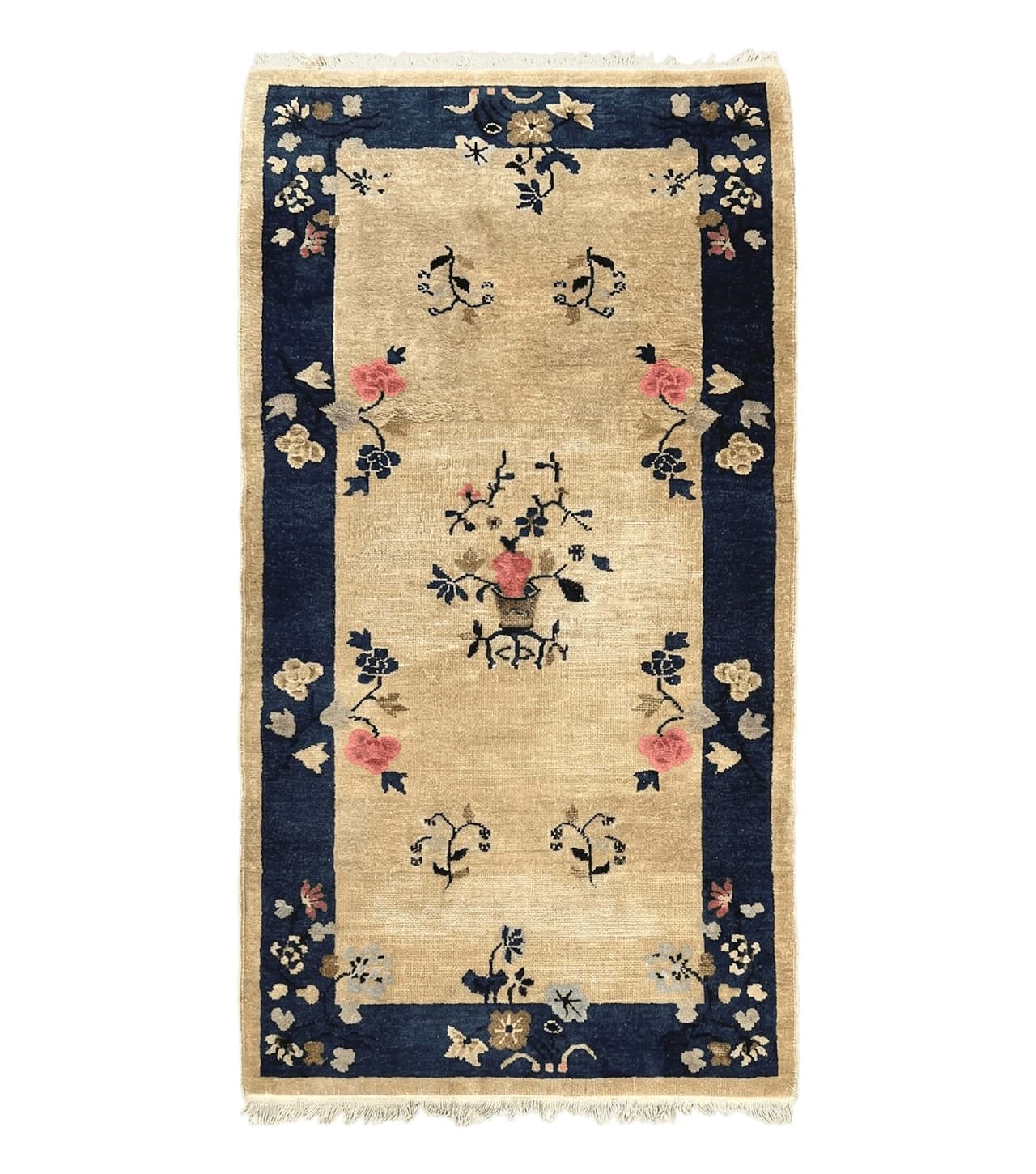 Antique Chinese Peking Rug 3x6, Beige and Dark Blue Hand Knotted Handmade Asian Oriental Carpet, Floral Vases, Vintage Wool Art Deco Rug