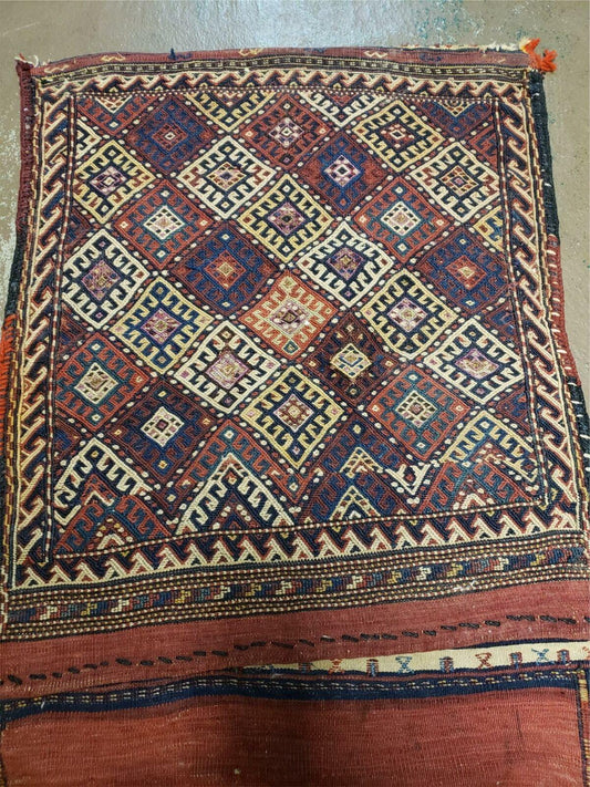 26" X 56" Antique Handmade Authentic Tribal Wool Rug Double Bag Tobreh