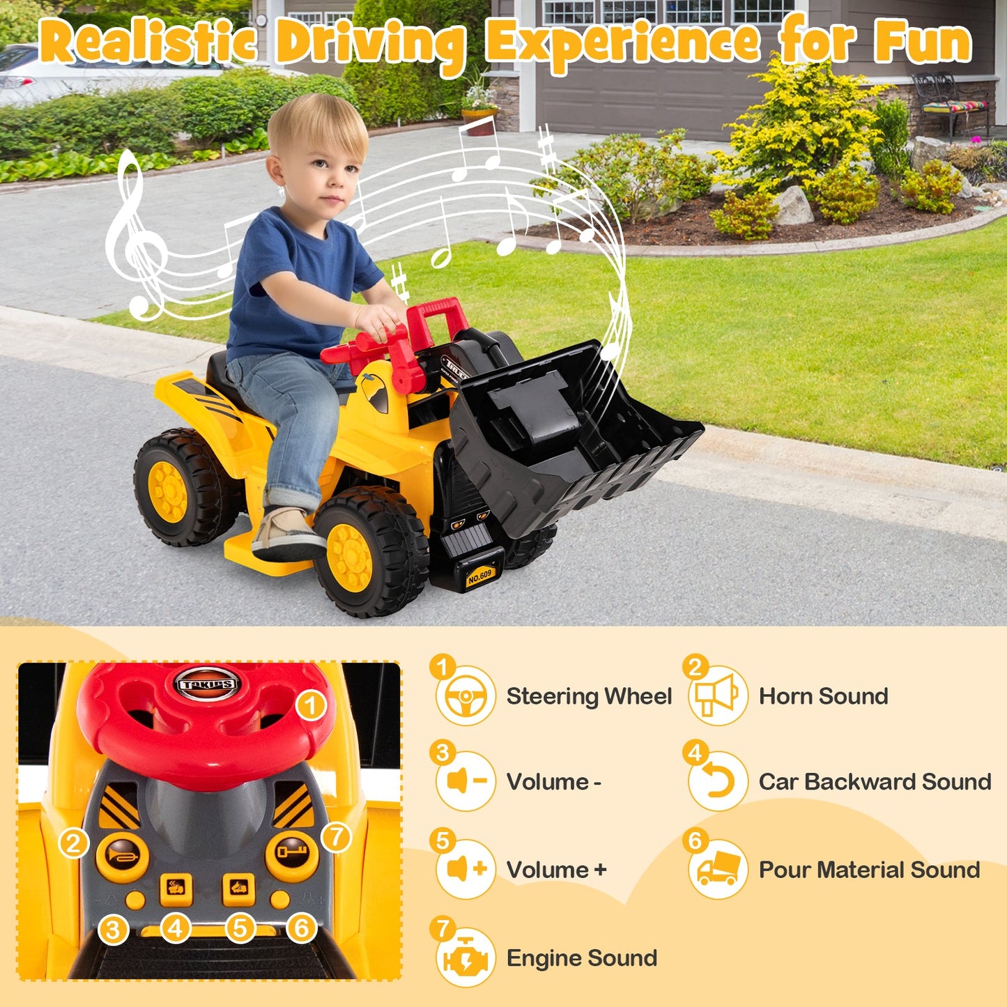 6V Kids Ride On Bulldozer with Folding Basketball Hoop and Balls