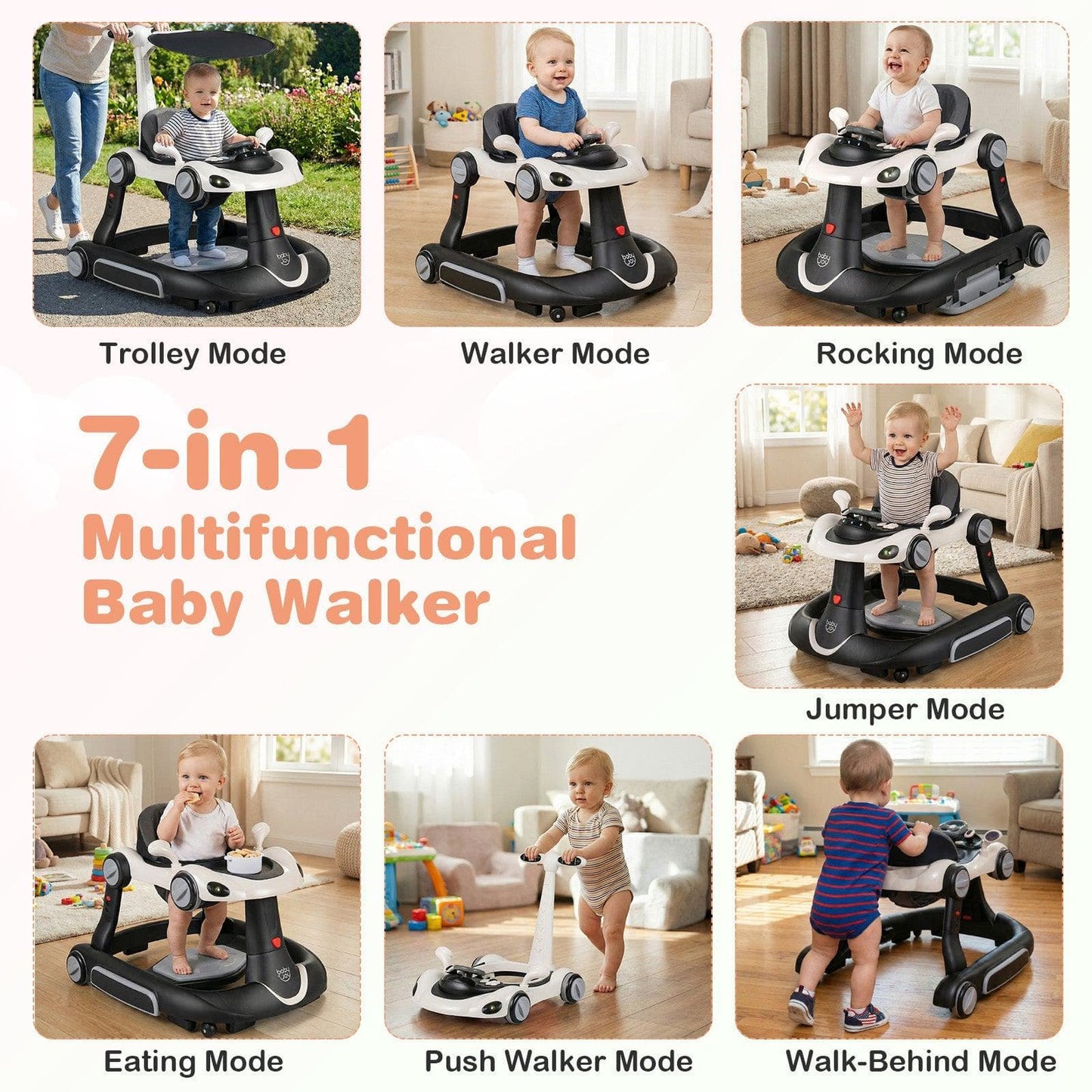 6-in-1 Baby Walker with Canopy Portable Activity Center Bouncer Rocker Combo with Music