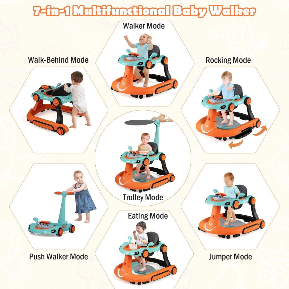 6-in-1 Baby Walker with Canopy Portable Activity Center Bouncer Rocker Combo with Music