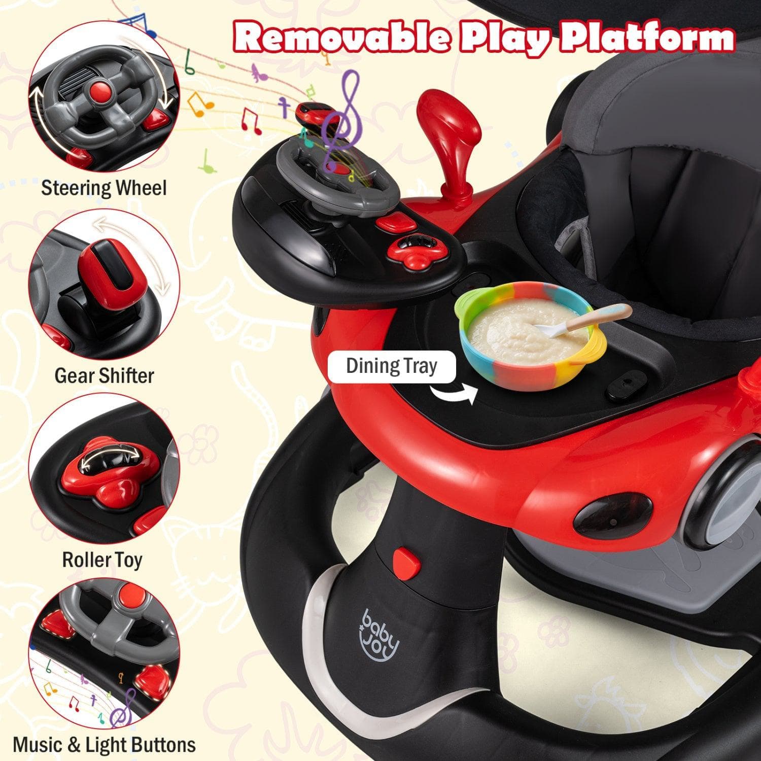 6-in-1 Baby Walker with Canopy Portable Activity Center Bouncer Rocker Combo with Music