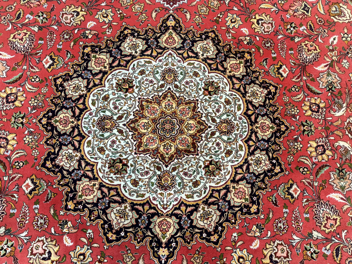 Persian Tabriz Rug 10x13 – Floral Medallion & Birds, Wool & Silk, 330 KPSI