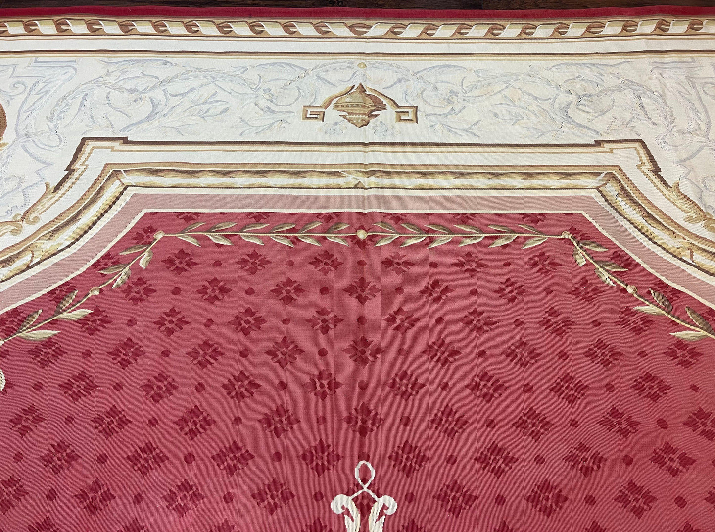 Aubusson Rug 9x12 ft, Red and Ivory Elegant Aubusson Carpet, Flatweave, Vintage Wool Handmade Area Rug 9 x 12, French European Design