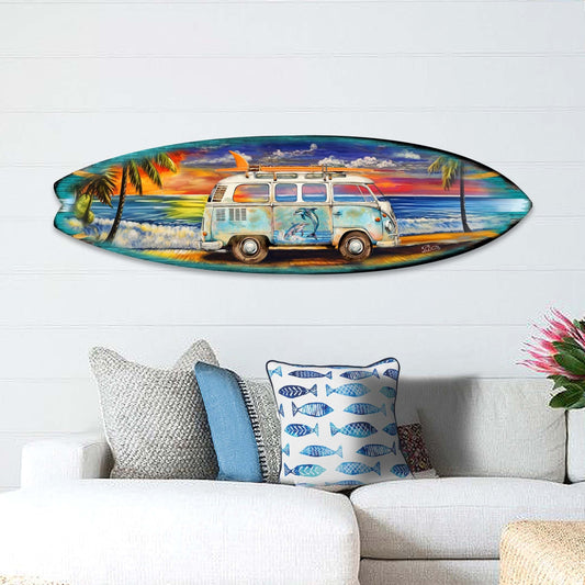 Surf Van at the Beach Surfboard Coastal Wall Art by G. DeBrekht - Coastal Holiday Decor - 8490120HS