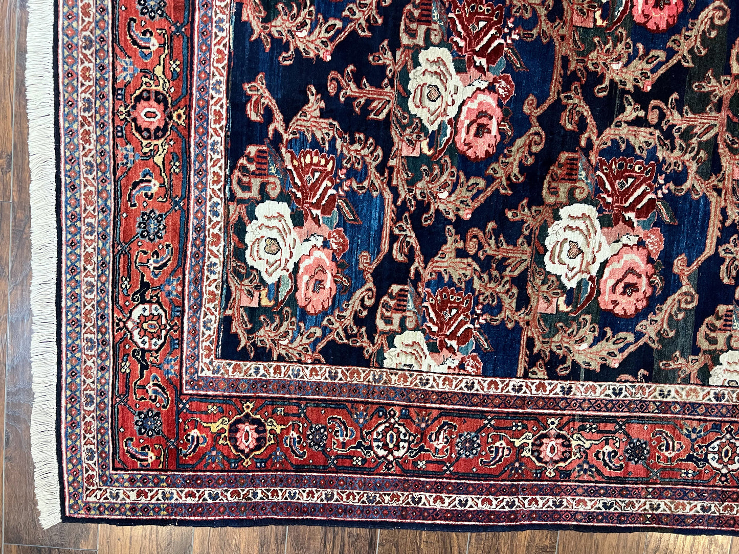 Persian Bidjar Rug 8x11, Floral Bouquets, Blue Black Red Pink, Handmade Hand Knotted Vintage Semi Antique Oriental Carpet