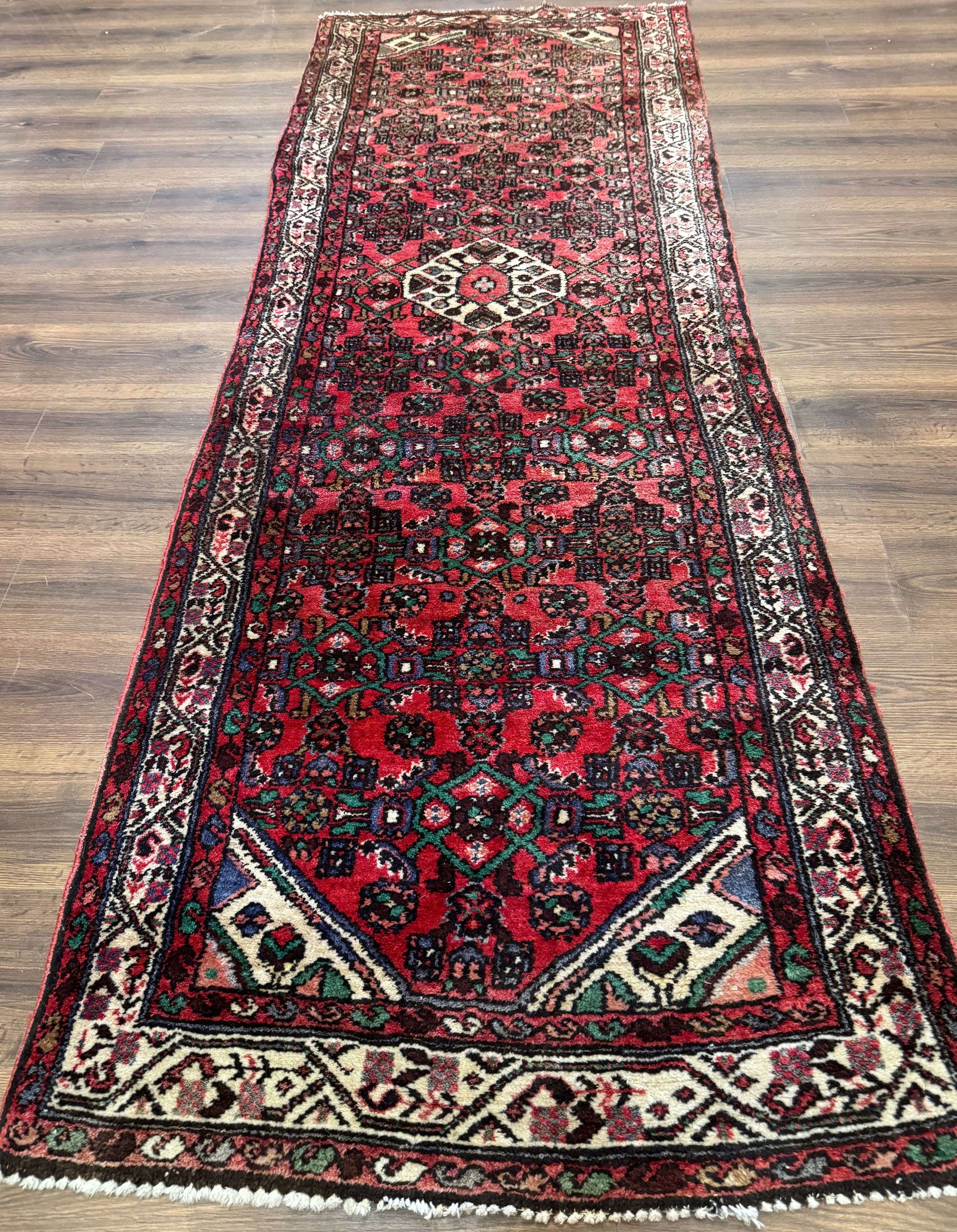 Persian Runner Rug 3x10, Wool Hand Knotted Hallway Rug 3 x 10 ft, Red and Ivory, Hamadan Angelas Runner