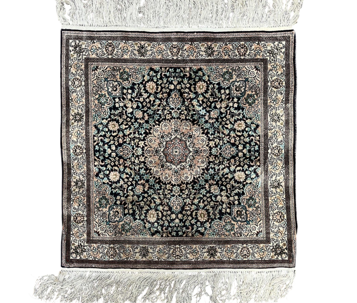 Sino Persian Silk Rug 2x2 ft, Very Fine High KPSI Small Silk Oriental Carpet, Hand-Knotted, Medallion, Vintage Silk Rug, Black Ivory/Cream