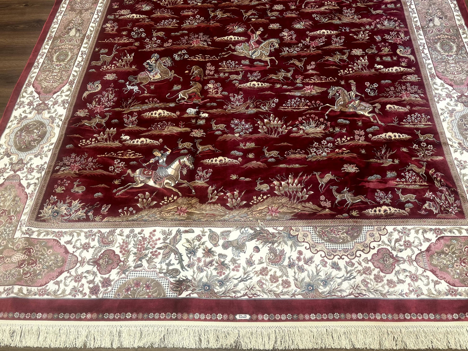 Turkish Silk Rug 8x10, Red & Ivory, Hunting Design, Bamboo Silk, New