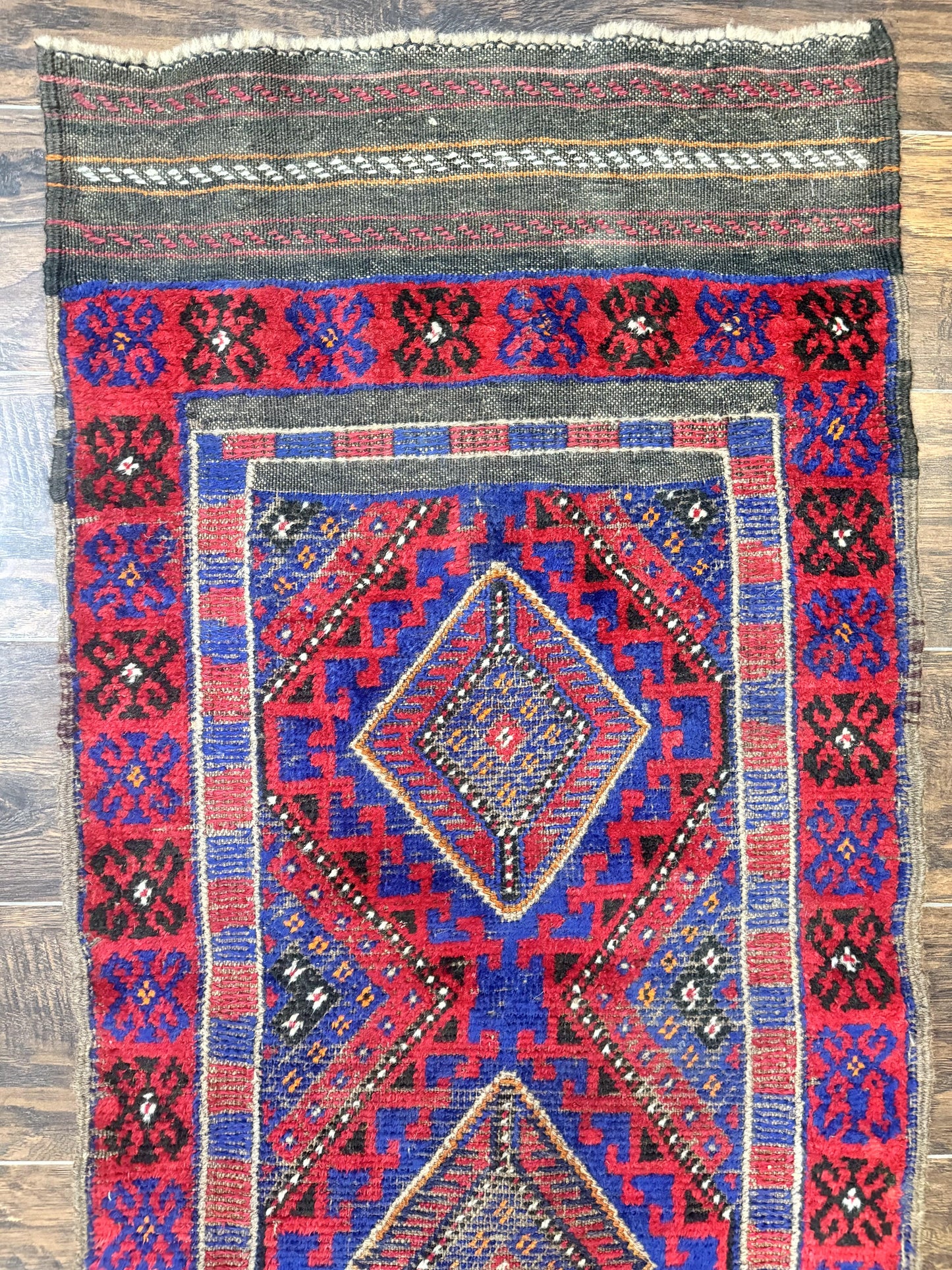 Turkoman Runner Rug 2 x 8.6, Skinny Runner, Handmade Wool Carpet for Hallway, Red and Blue, Wool, Vintage 8ft Runner