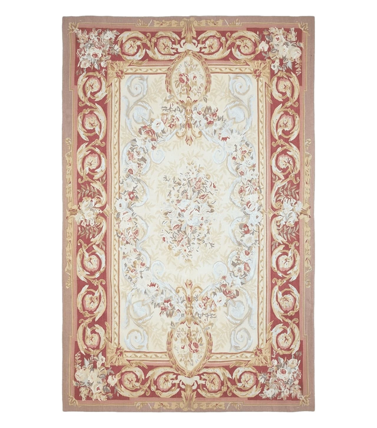 Aubusson Rug 6x9, Elegant Flatweave Rug, Aubusson Savonnerie 6 x 9 Flatweave Area Rug, Cream and Red, Wool Hand Woven Carpet, Medium Size