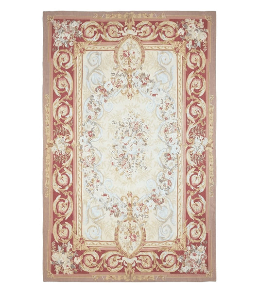 Aubusson Rug 6x9, Elegant Flatweave Rug, Aubusson Savonnerie 6 x 9 Flatweave Area Rug, Cream and Red, Wool Hand Woven Carpet, Medium Size