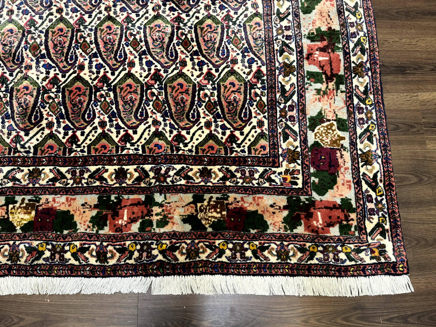 Persian Kurdish Rug 8x11, Repeated Allover Boteh Paisley Design, Bird Pictorials, Rare Antique Sannadaji Carpet