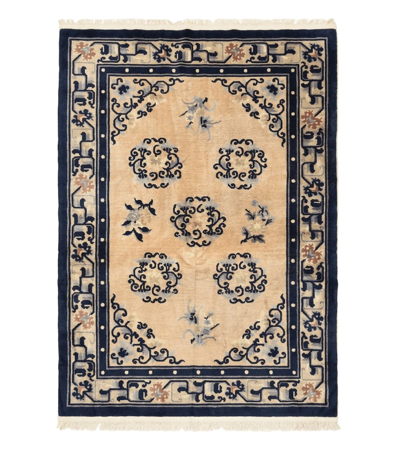 Chinese Peking Rug 4x6, Wool Hand Knotted Handmade Vintage Semi Antique Carpet, Semi Open Field, Light Peach & Navy Blue, Art Deco Rug