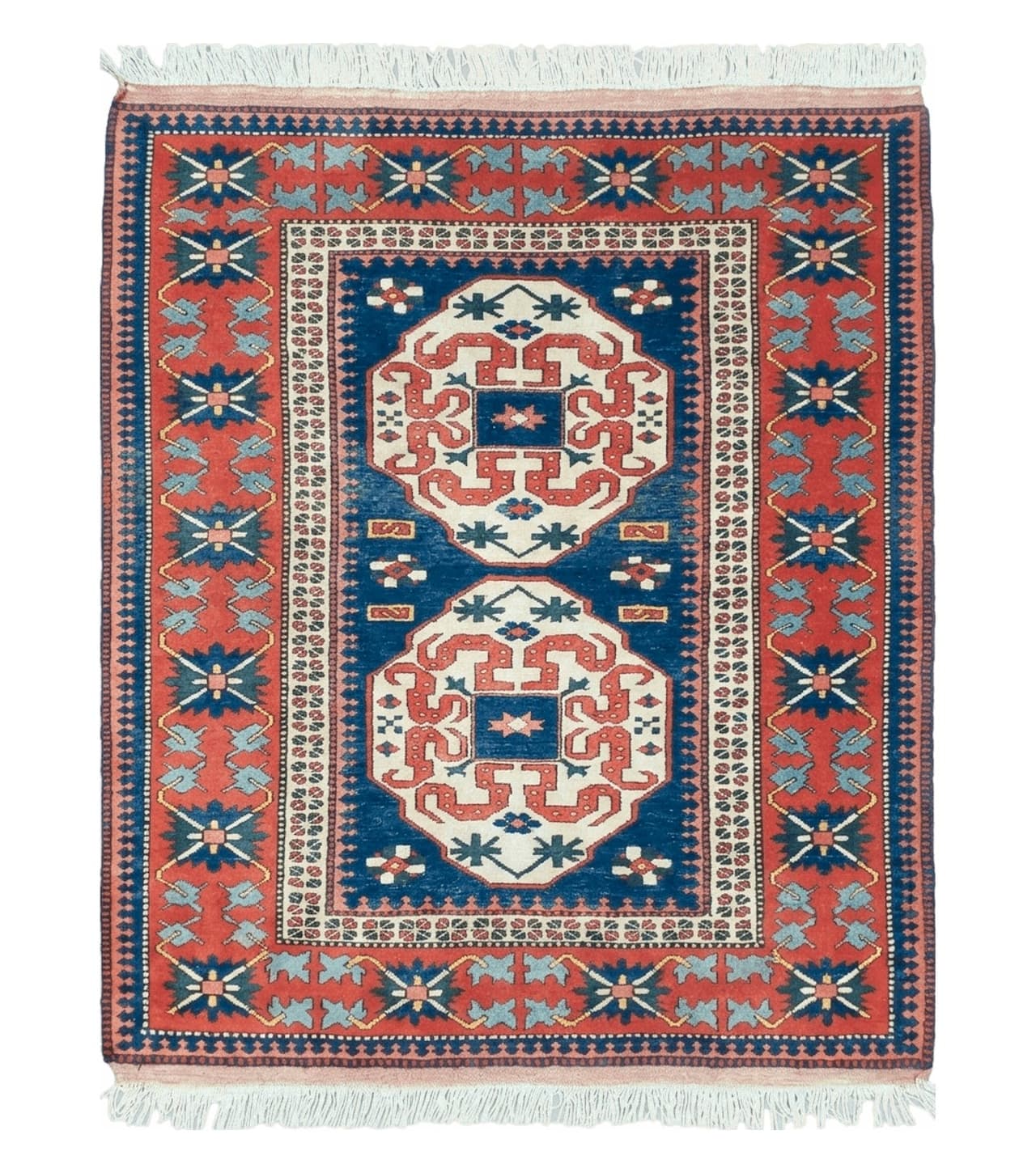 Turkish Kazak Rug 5x6 Vintage Handmade Wool Carpet Geometric Blue Red