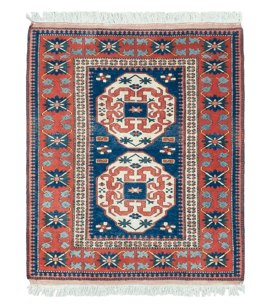 Turkish Kazak Rug 5x6 Vintage Handmade Wool Carpet Geometric Blue Red