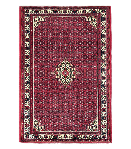 Vintage Persian Hamedan Rug 7x10, Angelas Mahi Pattern, Red, Wool, Hand-Knotted