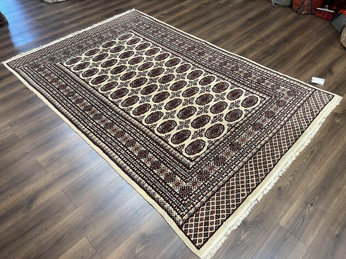 Pakistani Turkoman Rug 6x9, Cream and Red Hand Knotted Wool Oriental Carpet, Yamud Rug, Tribal Rug 6 x 9, Bohemian Area Rug, Bokhara Rug