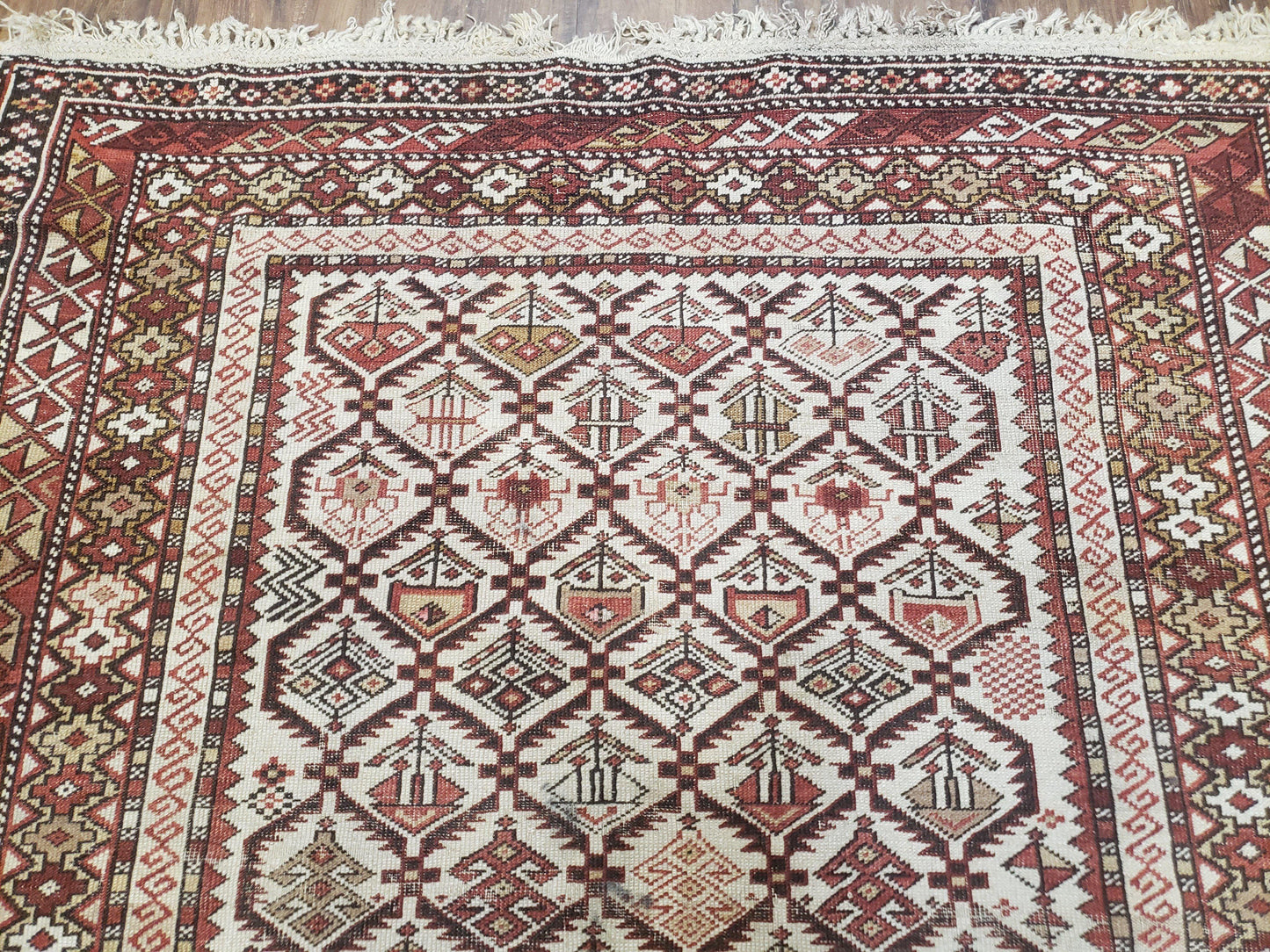 Antique Caucasian Shirvan Rug 4x6, Dagestan Area Rug, Wool Hand-Knotted Soft Red & Ivory 1920s Oriental Carpet, Soft Muted Colors